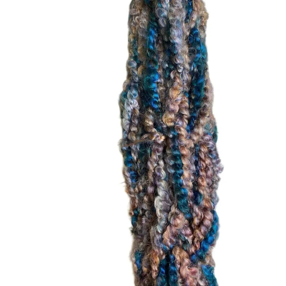 Chunky Multicolor Hand Knit Yarn Scarf Blue Tan Brown Loop Textured Winter